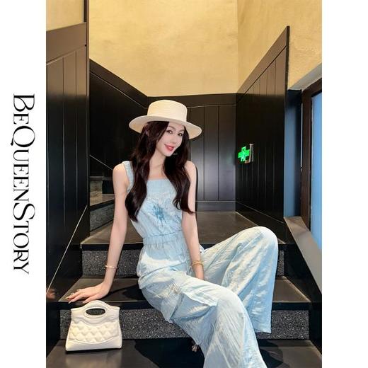 【孤品样衣，不退不换】【青春由你】时尚蝴蝶烫画休闲工装风仿铜氨皱背带裤 商品图3