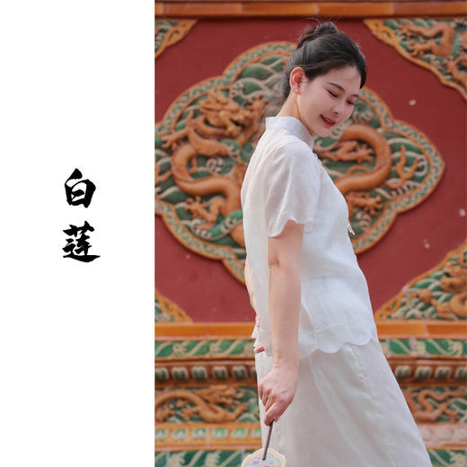 【抖音专属】白莲-套装（中式小衫23710321-莲瓣白+半裙23706322C-莲瓣白） 商品图0
