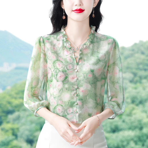 百搭拼接衬衫七分袖荷叶领雪纺衬衣K-E261N2364 商品图1