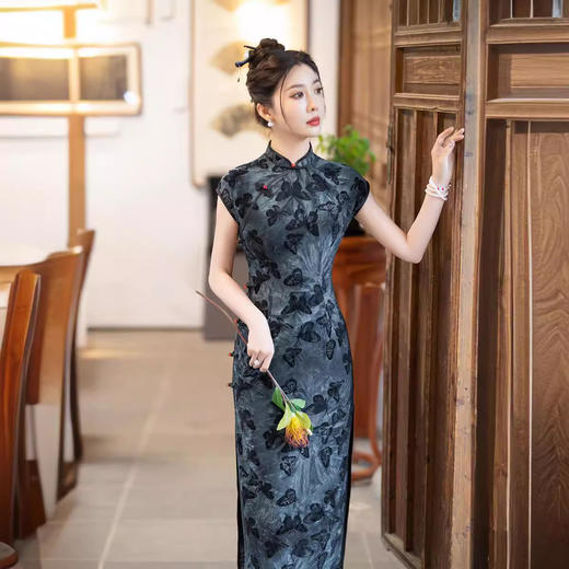 ZAYS夏季复古风老上海年轻款植绒扎染气质高级感长旗袍女 商品图2