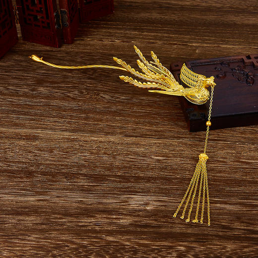 【限时克减150元】足金999 #婚庆 古法花丝凤凰于飞流苏发簪凤簪婚嫁头饰金步摇凤钗(YGFTS00001-2)（预售产品下单后不退款不退货不换货不补差价） 商品图1