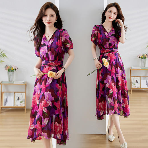 法式印花收腰显瘦，碎花气质v领连衣裙HR-6080 商品图3