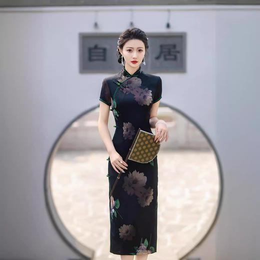 珍爱一生2024夏季丝绸提花改良气质复古老上海黑色女装长款旗袍裙 商品图0