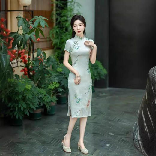 ZAYS夏季中长提花双层气质新中式女装中国风短袖连衣裙旗袍 商品图3