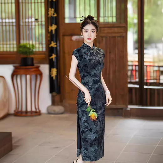 ZAYS夏季复古风老上海年轻款植绒扎染气质高级感长旗袍女 商品图3