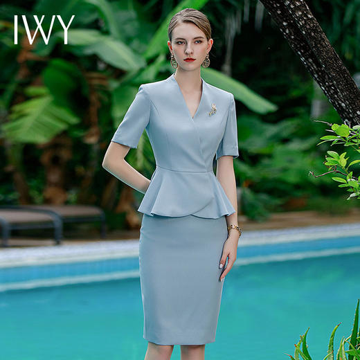 IWY/高端酒店工作服女商务接待工装夏浅蓝色短袖职业装西装套裙女CS1756 商品图4
