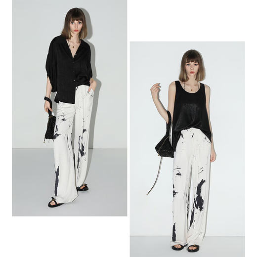 COCOBELLA国风水墨晕染休闲阔腿裤宽松垂坠打褶直筒裤PA3035 商品图3