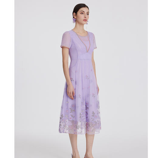 司歌网纱刺绣收腰短袖连衣裙仙气优雅A891080X 商品图4