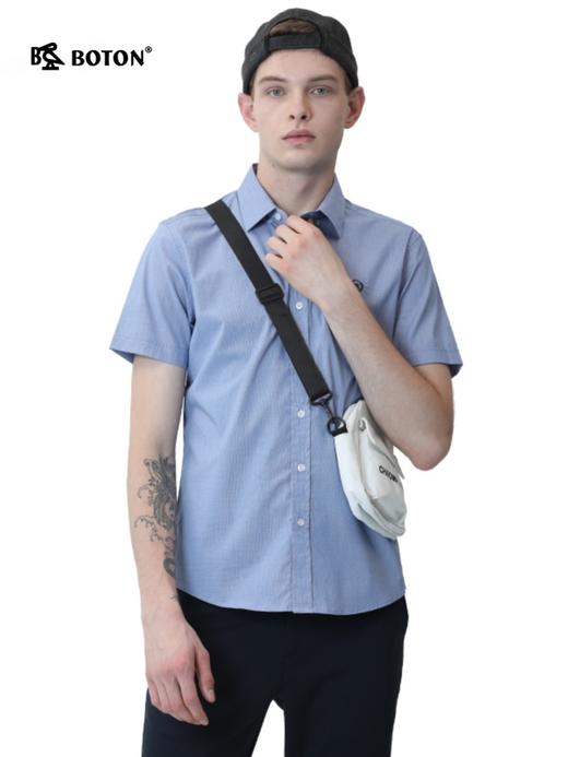 波顿夏季男士短袖高端纯色棉衬衫浅蓝色潮品牌休闲衬衣MS858220 商品图1