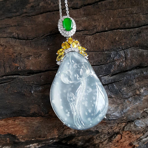 【天然正品】AU750白金镶钻镶收藏级冰种飘木那雪花棉莲花图案翡翠吊坠项链 150624XY50 商品图6