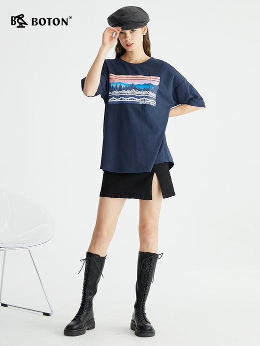 波顿夏季宝蓝色短袖t恤女印花宽松显瘦圆领纯色上衣LT277222 商品图5