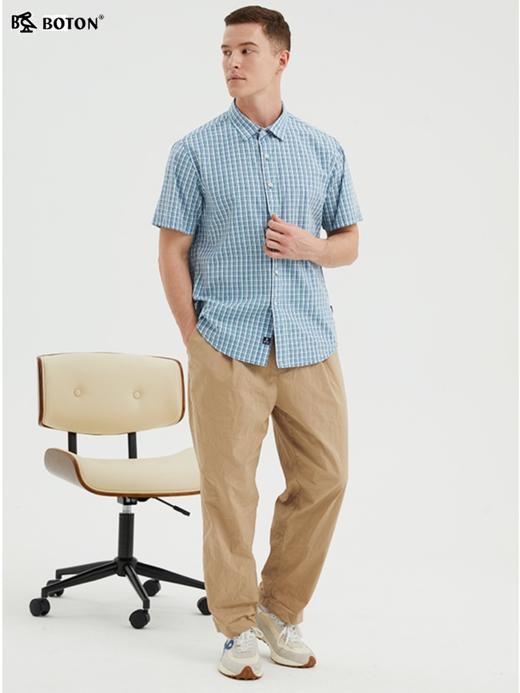 波顿短袖格子衬衫男夏装商务休闲白蓝绿格纹纯棉衬衣百搭宽松上衣MS883222 商品图1
