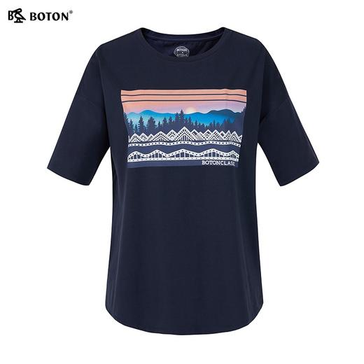 波顿夏季宝蓝色短袖t恤女印花宽松显瘦圆领纯色上衣LT277222 商品图4