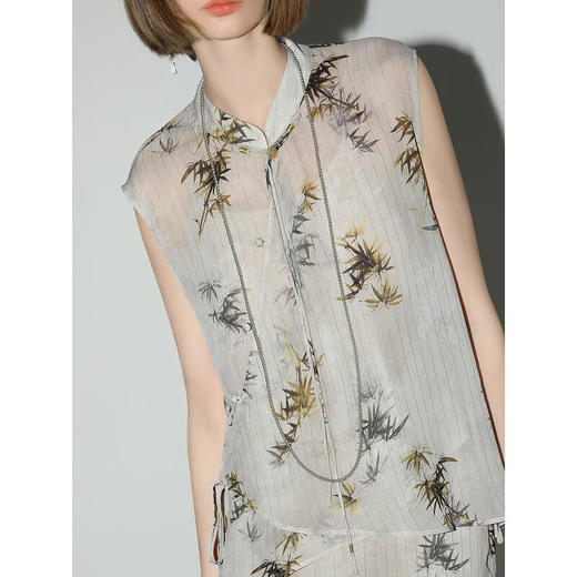 【秒杀】COCOBELLA新国风金丝竹叶印花无袖斜襟雪纺衫附吊带SR3052 商品图2