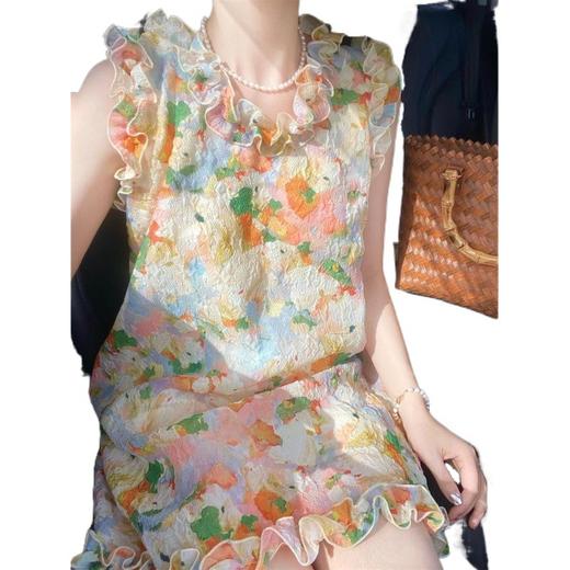 甜美小清新【彩色印花木耳边连衣裙】夏季超仙气质宽松度假风短裙子  商品图4