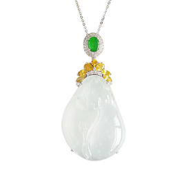 【天然正品】AU750白金镶钻镶收藏级冰种飘木那雪花棉莲花图案翡翠吊坠项链 150624XY50