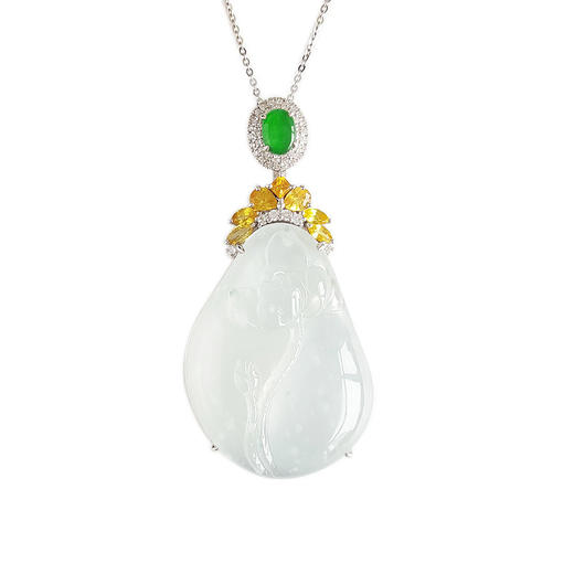 【天然正品】AU750白金镶钻镶收藏级冰种飘木那雪花棉莲花图案翡翠吊坠项链 150624XY50 商品图0