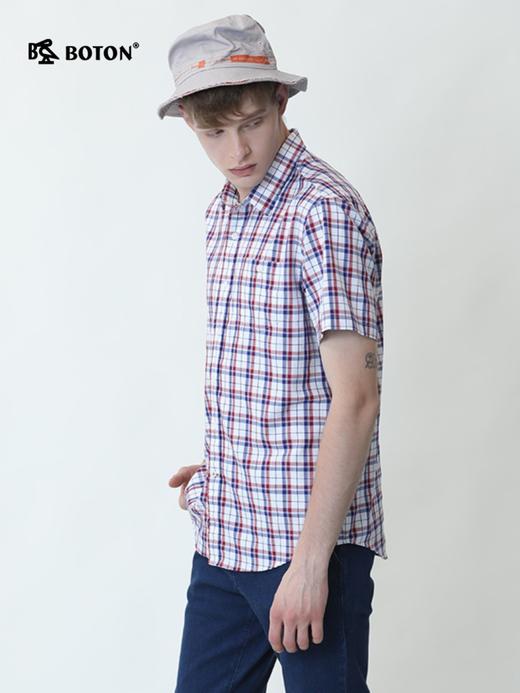 波顿夏日经典英伦男士短袖格子衬衫时尚潮流休闲修身红蓝色MS867220 商品图4