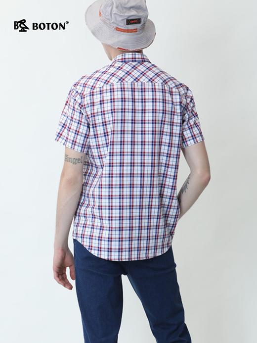 波顿夏日经典英伦男士短袖格子衬衫时尚潮流休闲修身红蓝色MS867220 商品图5