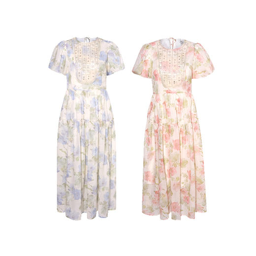 两三事 鎏金闪耀 2024夏季新款甜美露腰钉珠印花泡泡袖连衣裙 商品图4