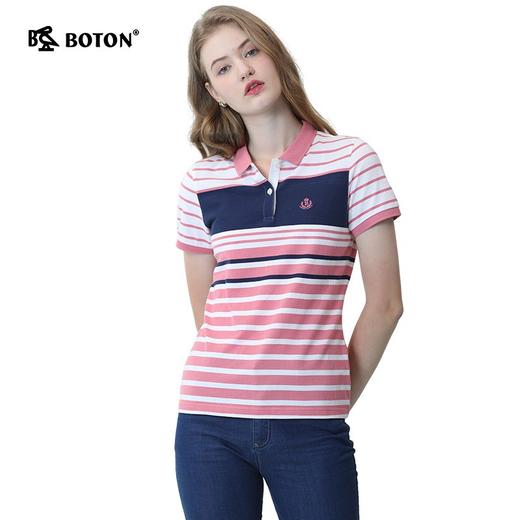 波顿夏季女士条纹纯棉美式polo衫短袖拼接印花上衣t恤LT213220 商品图4