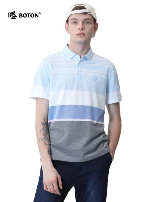 波顿夏天男士时尚休闲翻领条纹短袖浅蓝色Polo衫纯棉t恤MT665220 商品图3