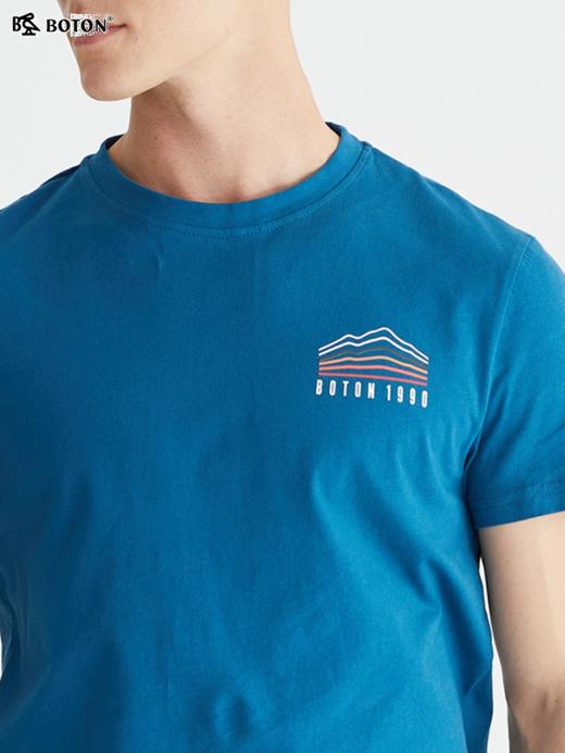 波顿夏季纯棉短袖t恤男设计感高端印花蓝色半袖圆领宽松体恤衫MT903222 商品图4