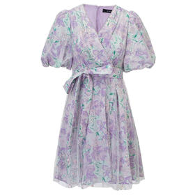 复古浪漫紫花茶歇V领显瘦连衣裙MS85DR069