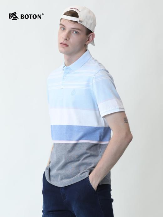 波顿夏天男士时尚休闲翻领条纹短袖浅蓝色Polo衫纯棉t恤MT665220 商品图1