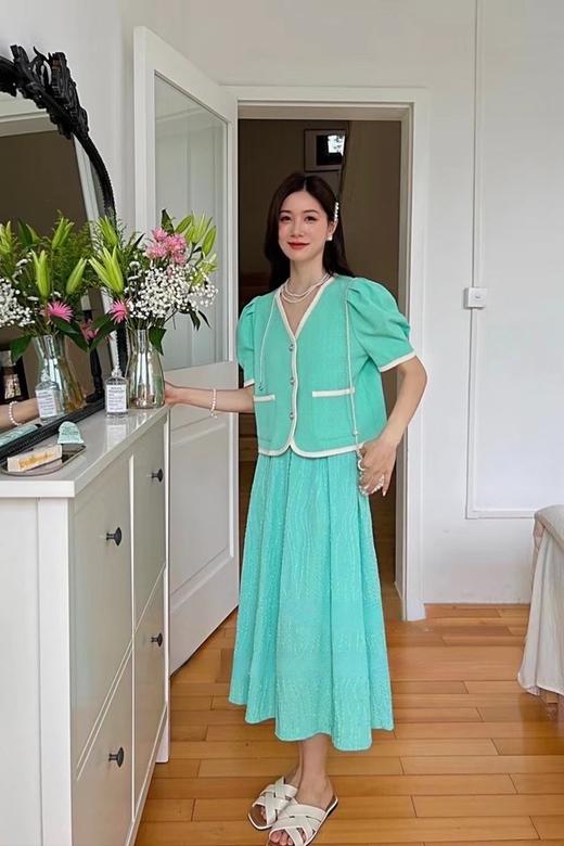 Le Malene 时髦复古浅绿色肌理感高腰百褶半裙 16175 商品图2