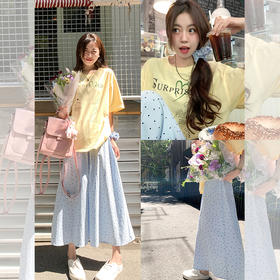 <曾小咸推荐>【甜甜软糖】黄色印花字母短袖T恤+半裙