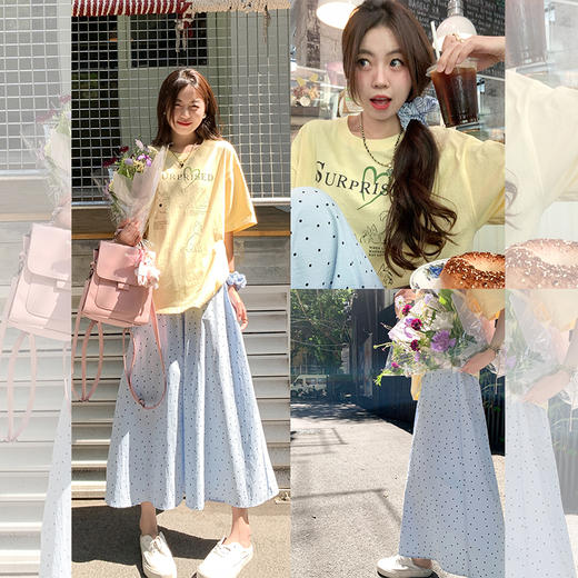 <曾小咸推荐>【甜甜软糖】黄色印花字母短袖T恤+半裙 商品图0