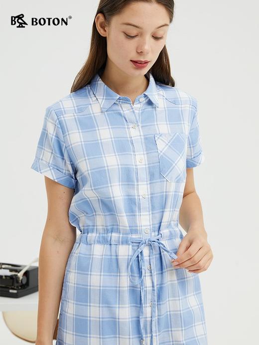 波顿清短袖格子衬衫连衣裙女夏季收腰气质休闲中裙LD233222 商品图2