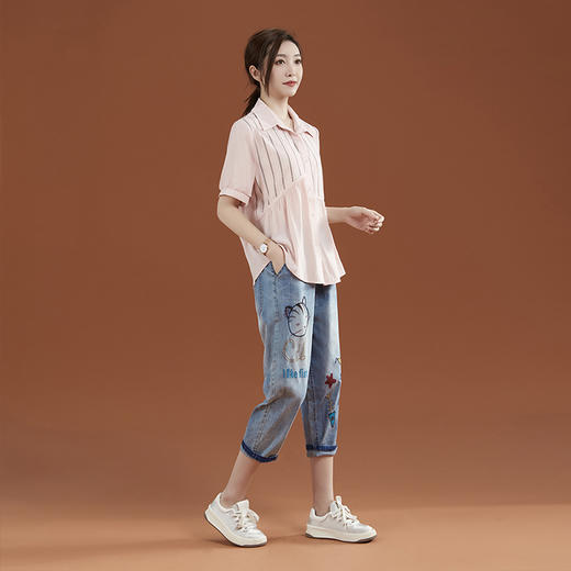 松紧高腰刺绣牛仔裤，显瘦百搭休闲哈伦裤PT7147 商品图2