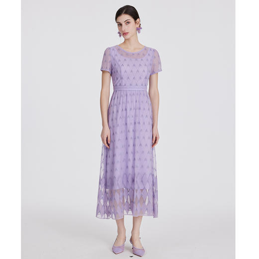 司歌蕾丝刺绣复古优雅菱形格短袖连衣裙A891053X 商品图3