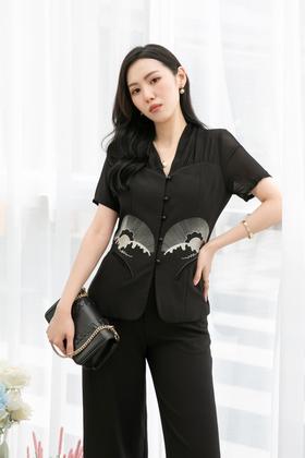 ELLA JADE 中国风重工刺绣V领阔腿裤套装 13220