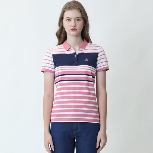 波顿夏季女士条纹纯棉美式polo衫短袖拼接印花上衣t恤LT213220 商品图3