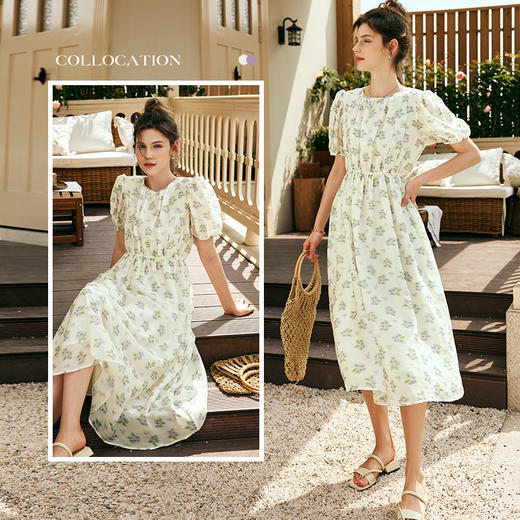 OLrain欧芮儿法式碎花连衣裙女夏季2023年新款收腰肌理感A字摆裙 商品图4