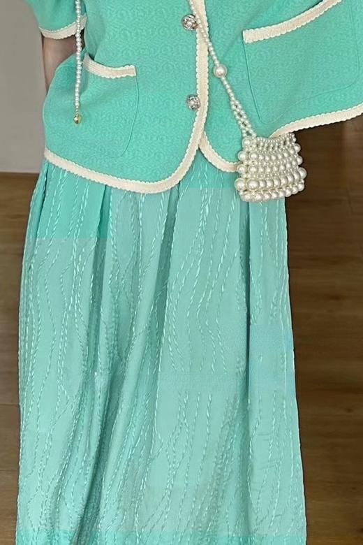 Le Malene 时髦复古浅绿色肌理感高腰百褶半裙 16175 商品图3