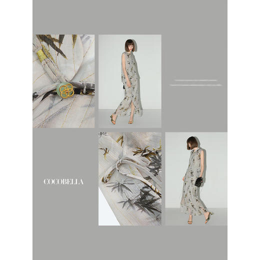 【秒杀】COCOBELLA新国风金丝竹叶印花无袖斜襟雪纺衫附吊带SR3052 商品图1