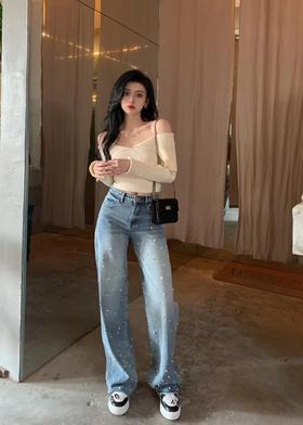 分镜头集成店LOOSINGWHITE春夏系列珍珠直筒牛仔裤