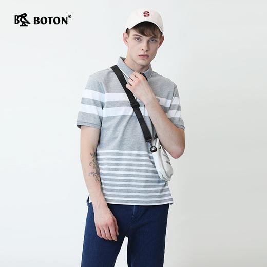 波顿短袖polo衫夏天浅蓝色条纹男士翻领上衣夏季纯棉t恤MT657220 商品图4