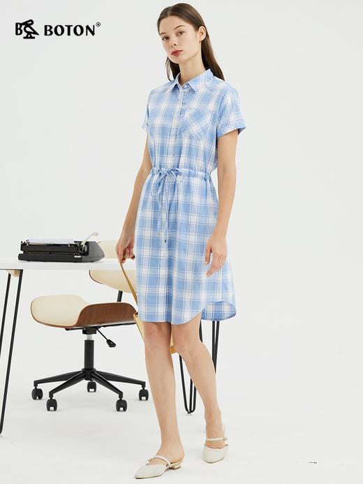 波顿清短袖格子衬衫连衣裙女夏季收腰气质休闲中裙LD233222 商品图5
