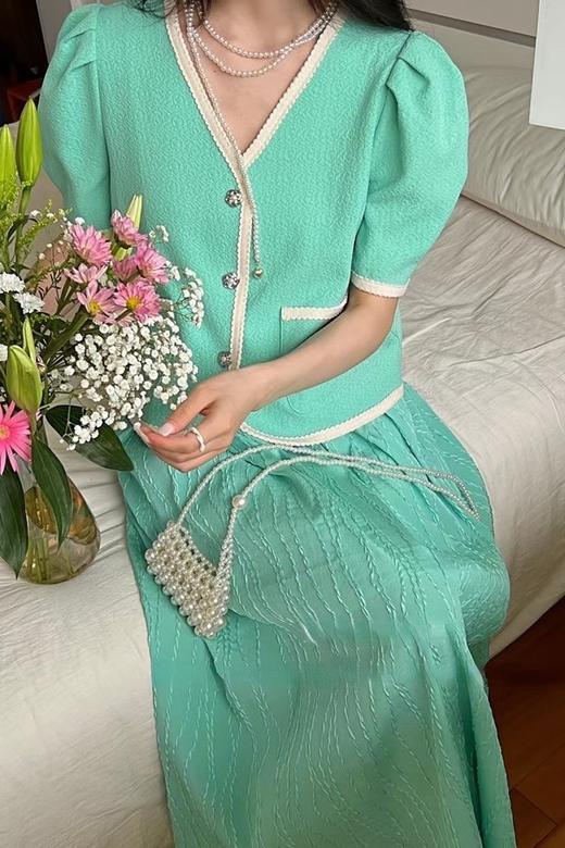 Le Malene 时髦复古浅绿色肌理感高腰百褶半裙 16175 商品图4