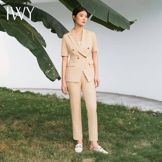 IWY/短袖卡其色西装套装女夏季薄款美容院前台接待工作服气质干练正装CP11252 商品图0