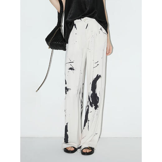 COCOBELLA国风水墨晕染休闲阔腿裤宽松垂坠打褶直筒裤PA3035 商品图1