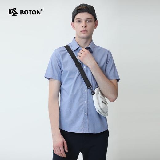 波顿夏季男士短袖高端纯色棉衬衫浅蓝色潮品牌休闲衬衣MS858220 商品图3