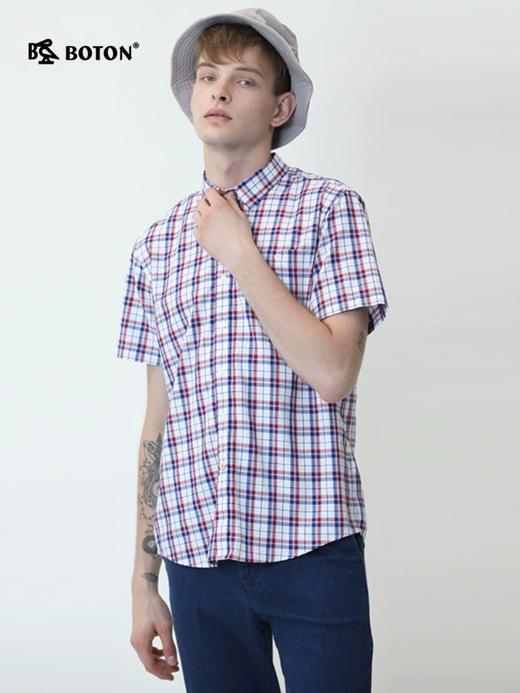 波顿夏日经典英伦男士短袖格子衬衫时尚潮流休闲修身红蓝色MS867220 商品图3