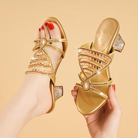 真皮水钻高跟性感水晶粗跟凉拖鞋LX16262