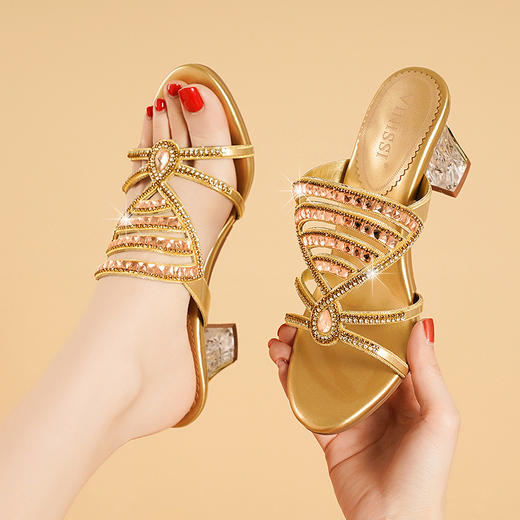 真皮水钻高跟性感水晶粗跟凉拖鞋LX16262 商品图0